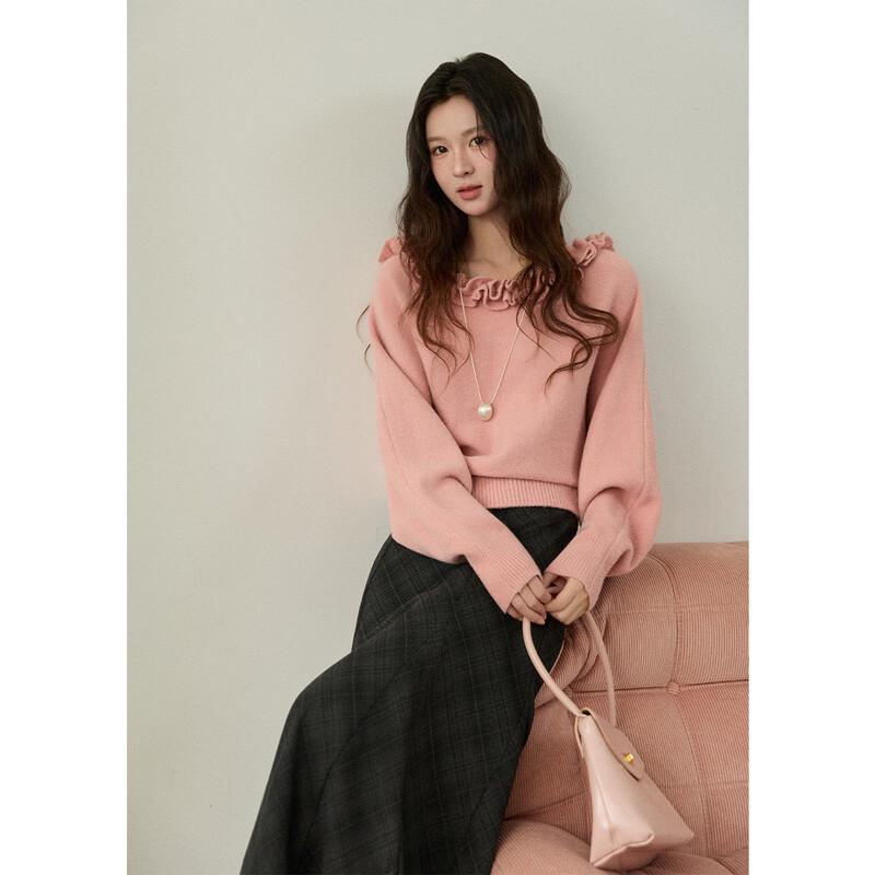 Women s Ruffle Collar Lantern Sleeve Knit Sweater One Size
