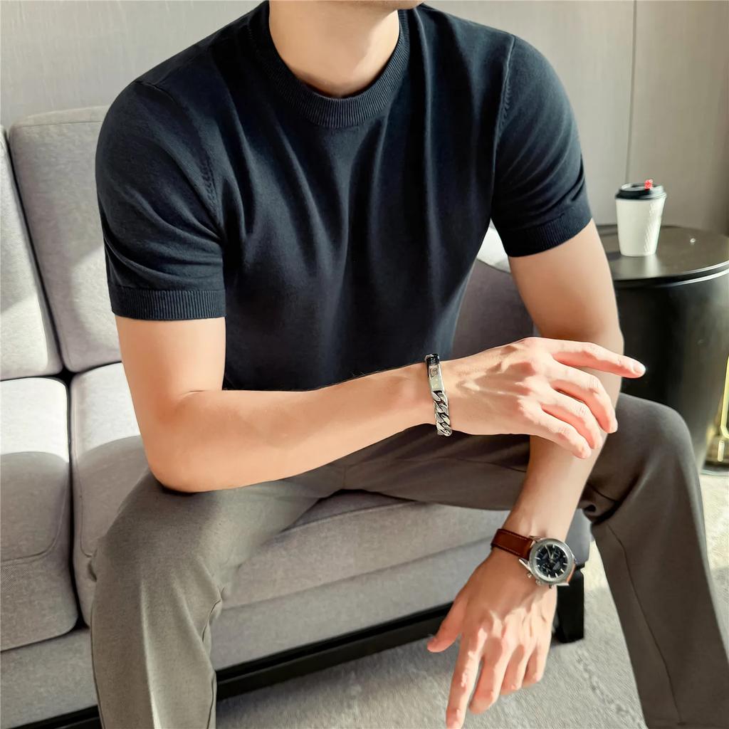 High Quality Solid Color Thick O-Neck Knitted T-Shirts Men Slim Fit Short Sleeve Knit Pullovers Korean Style Casual Tees Tops