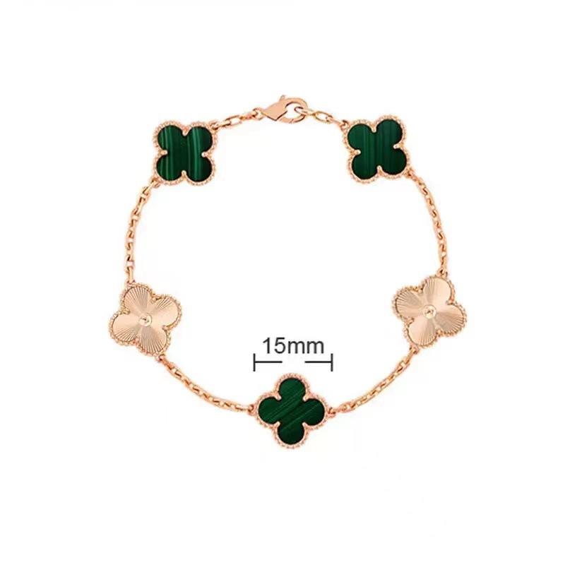 Bracciale da donna di alta qualità in oro rosa 18k, laser bianco, madreperla, calcedonio rosso, 15mm, quadrifoglio, cinque fiori