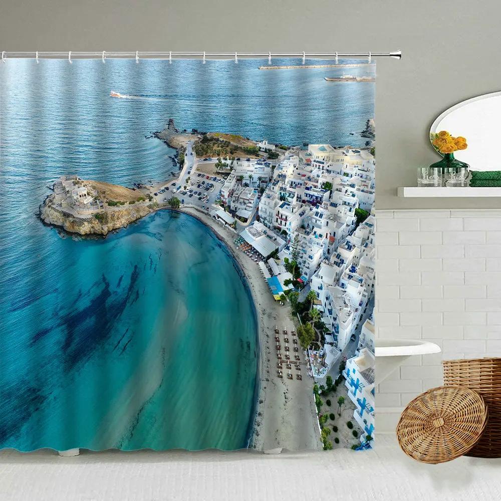 European Seaside Village Scenery Shower Curtain Nature Landscape Bathroom Accessories Decoration Bathtub Screen With Hooks