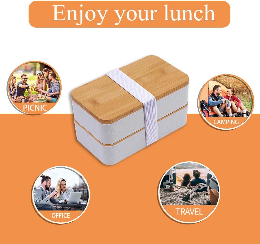 White Double Layer Wood Grain Bento Box Microwave Safe Large Capacity Lunch Container with Thermal Bag
