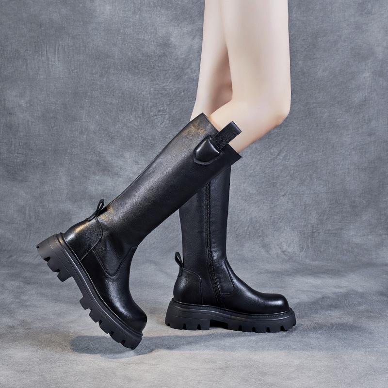 High boots thick-soled leather women's boots round head middle heel knight boots winter boots fashionable casual pure leather