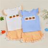 Girl 2Pcs Halloween Outfits Pumpkin Embroidery Flying Sleeve Round Neck Tops and Ruffled Plaid Shorts Set