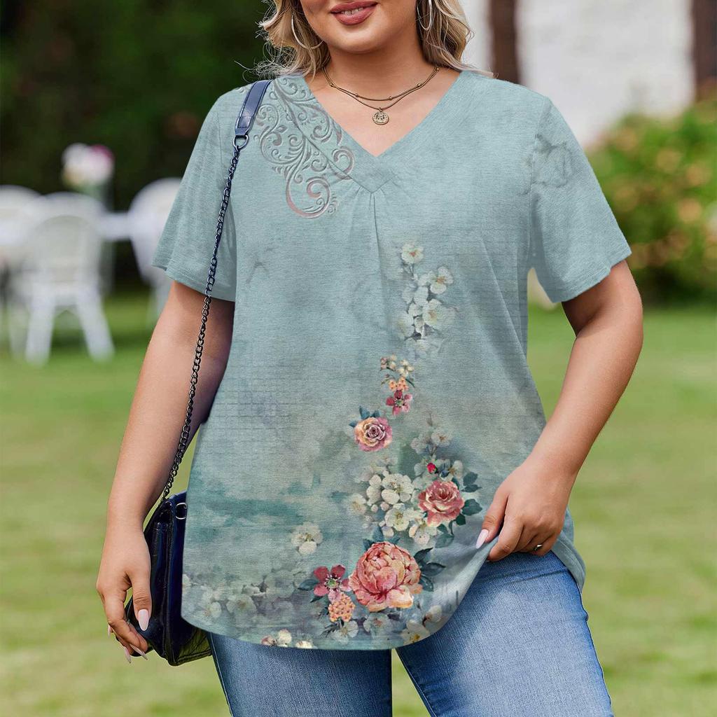 Modische Damen Übergröße Lässige Lockere Kurzarm Elegante V-Ausschnitt Bluse Für die Arbeit