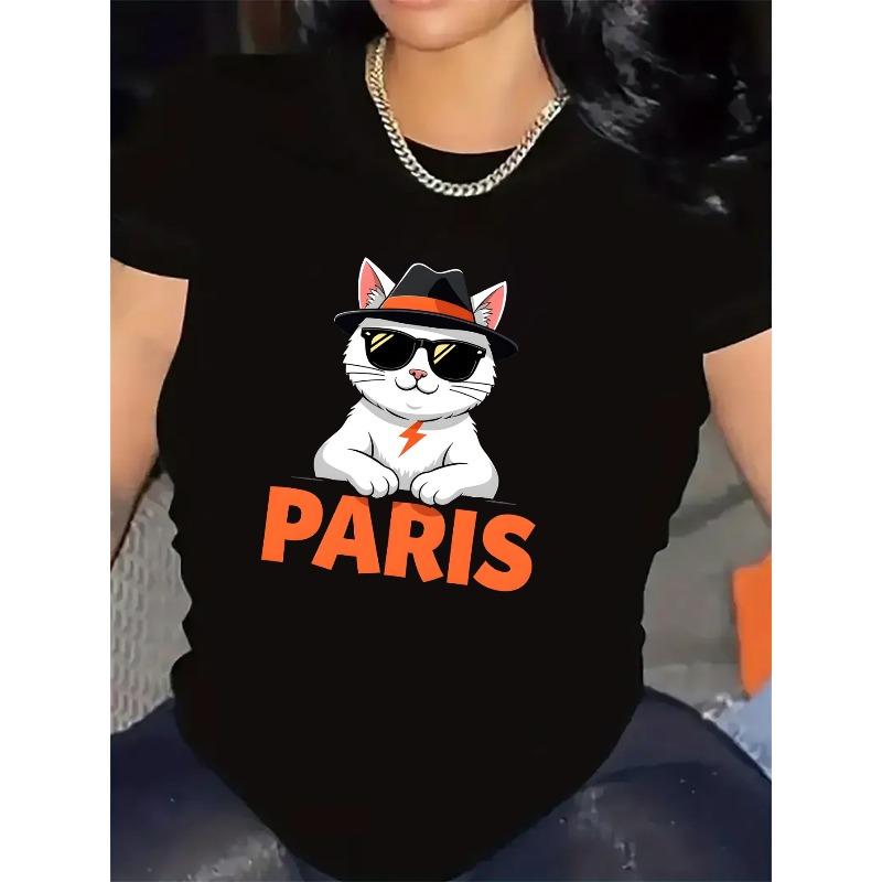 

Women s Paris Cat Print Black & White Crew Neck Short Sleeve Casual Graphic Tee 4XL чорний