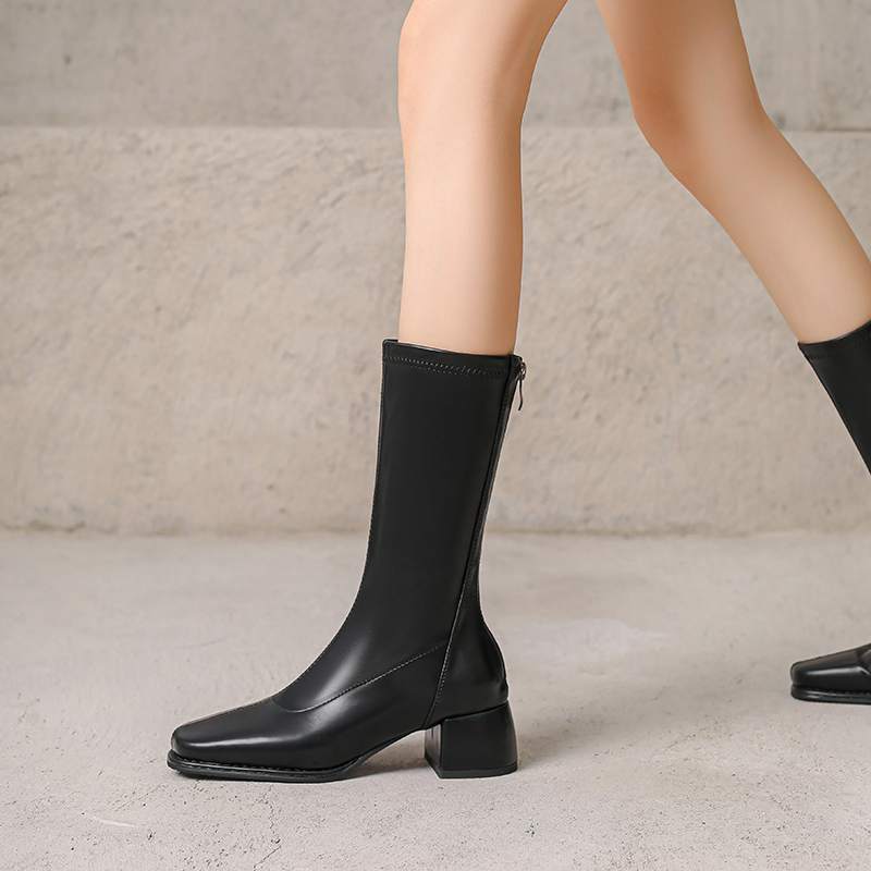 Krazing Pot Microfiber Autumn Winter Shoes Thick Med Heels Size 43 Chelsea Boots Apricot Zipper Mid-calf Boots