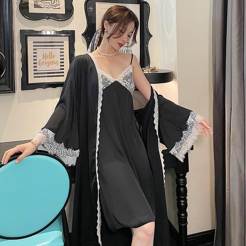 1011 lace-edged long-sleeved nightgown suspender skirt spring and autumn two-piece set thin ice silk women's loungewear pajamas