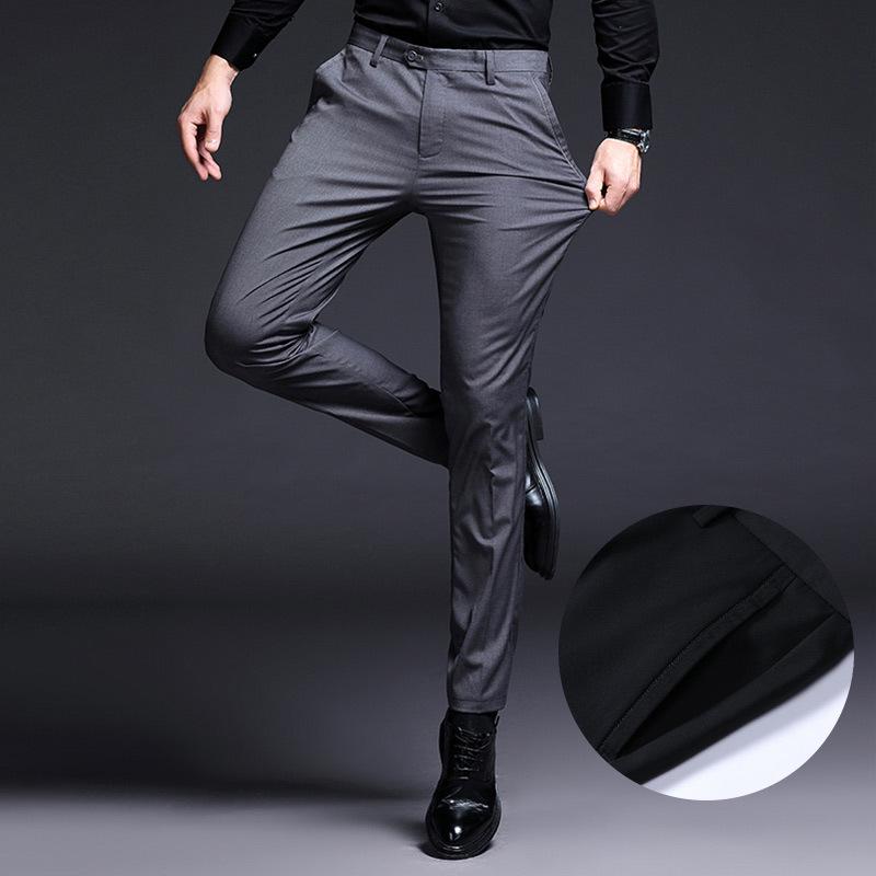 Men's Elastic Slim Fit Business Casual Black Straight-Leg Trousers