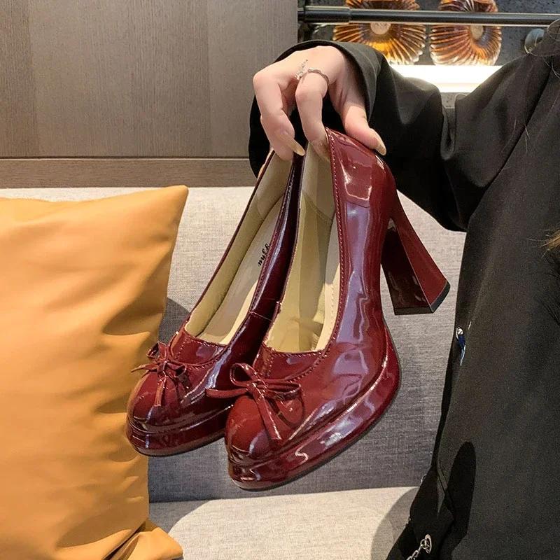 Fashion 2025Women's Fashion Thick  Autumn New Square Head Shallow Mouth Butterfly Knot Platform Slip-on Heels