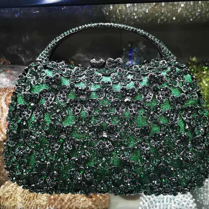 WHTUOHENG Luxury Top-Handle Crystal Evening Bag Blue Rhinestone Flower Handbag Diamond Silver Purse Women's Party Stone Clutch