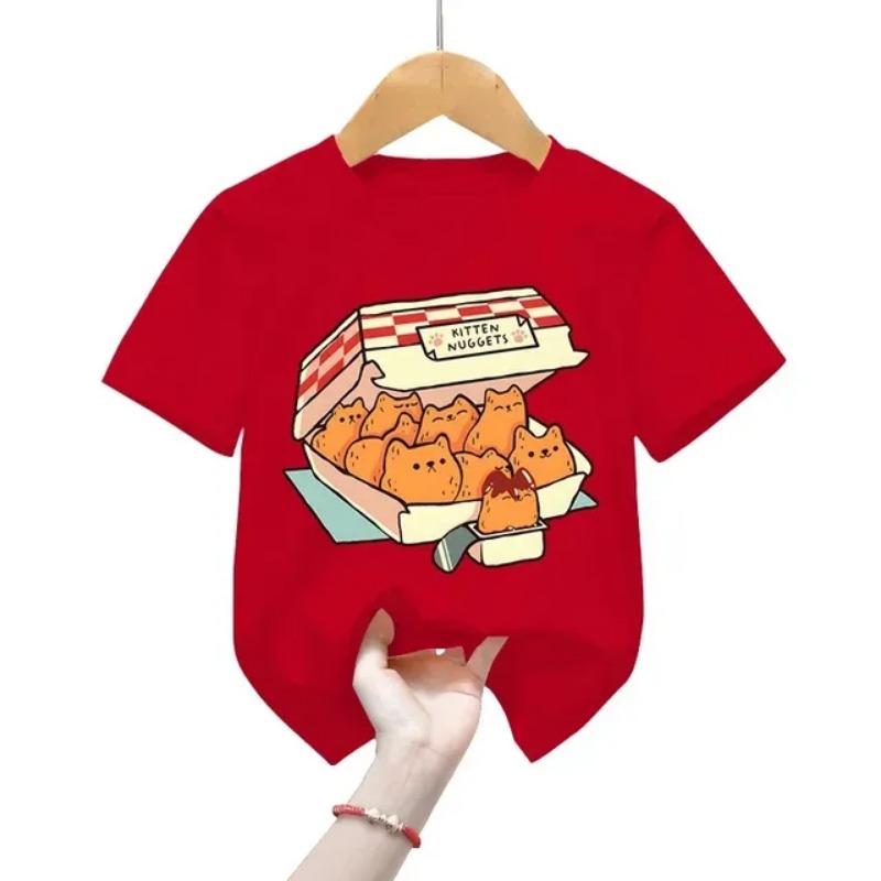 Fast Food Cat T-Shirt Girls Tee Shirts Kids Fashion T-shirts Funny Cat Graphic Tops Cartoons Boys Shirts Clothes
