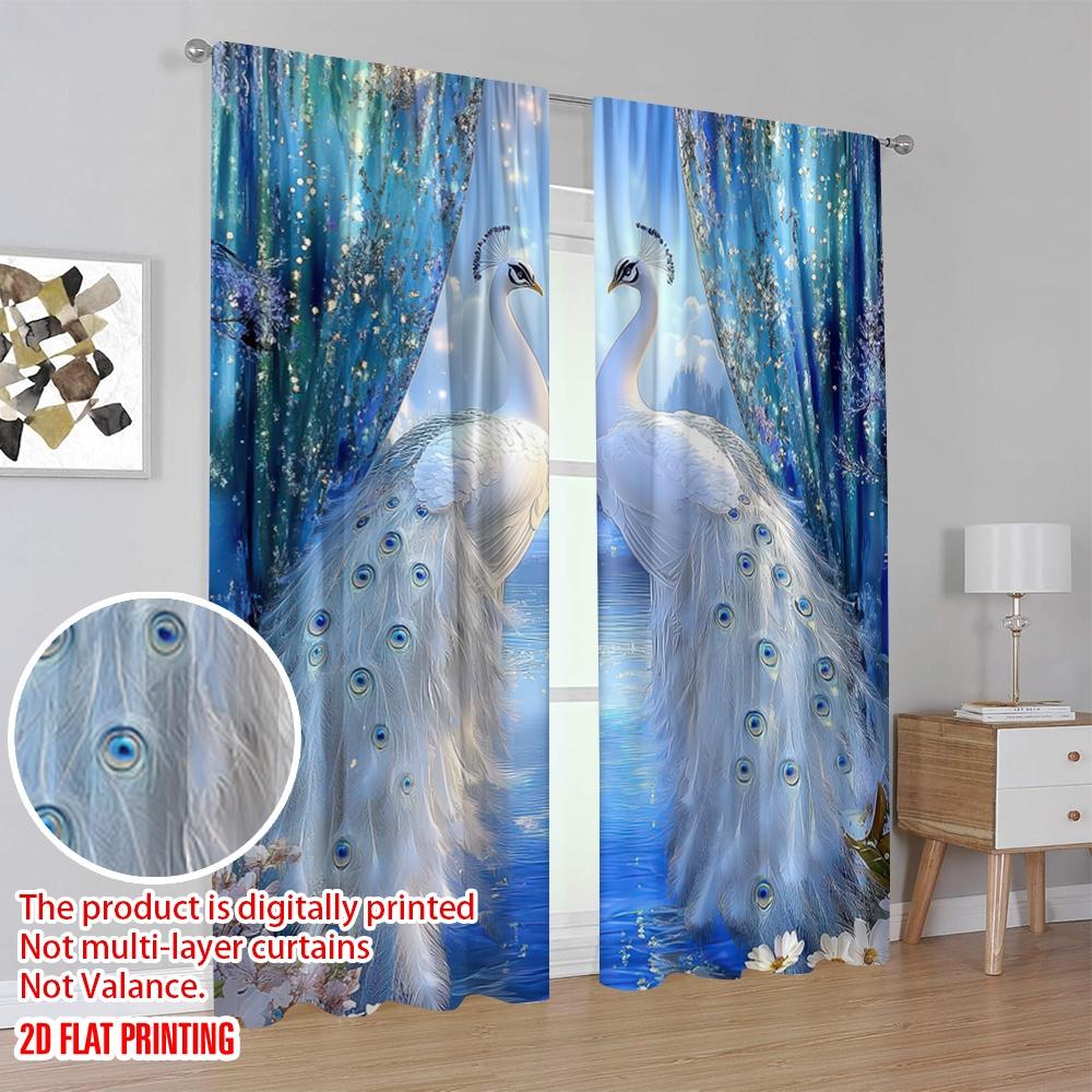 2D Flat Printing 2pcs Window Drapes Peacock Durable 100% Polyester Fabric,Without Electricity Versatile Suitable for Indoor