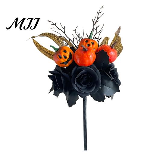 Black And Orange Bouquet Halloween Flowers Decorations, Artificial with Pumpkin Rose Eucalyptus Maple Leaf Autumn Harvest Floral Stems, Indoor