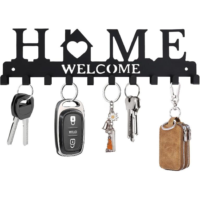 Key Holder Wall Mount, Adhesive Metal Key Hanger with 6 Double Hooks, 2 Tallation Methods, Black