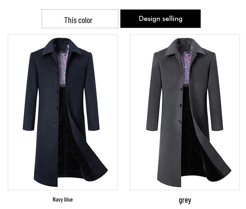Men's Over-the-Knee Woolen Business Coat with Fleece Inner Layer, Autumn/Winter, Middle-Aged Style