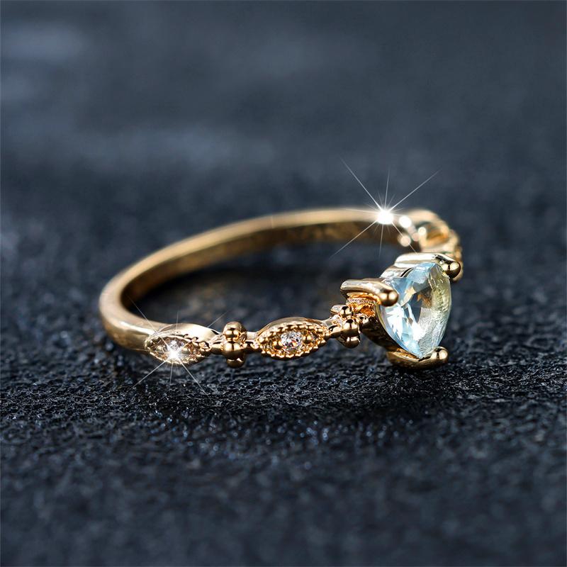 Cute Female Water Blue Zircon Stone Ring Trendy Yellow Gold Color Heart Engagement Bride Wedding Jewelry For Women