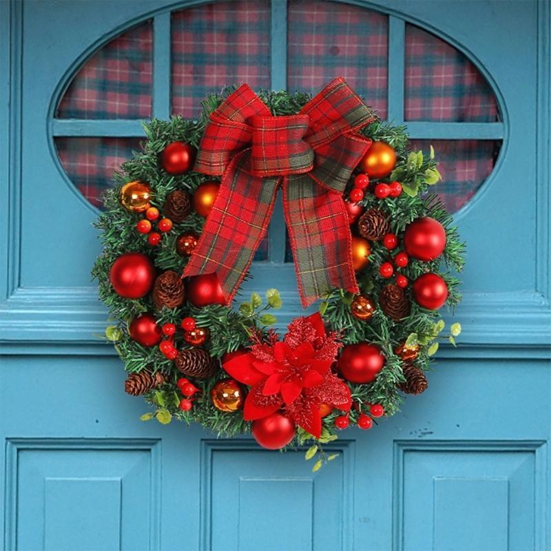 16Inch Christmas Wreath for Front Door Window Wall Door Decorations Flower Bowknot Red Berries Ornament Hanging Garlands X3UC