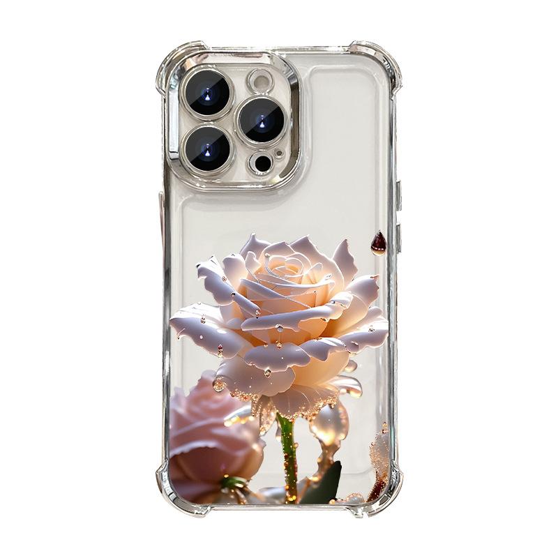 Crystal Rose Electrode Plating Anti-fall Case Suitable for iPhone 16 15 14 13 12 11 Pro/ Max/Plus Shockproof Back Cover