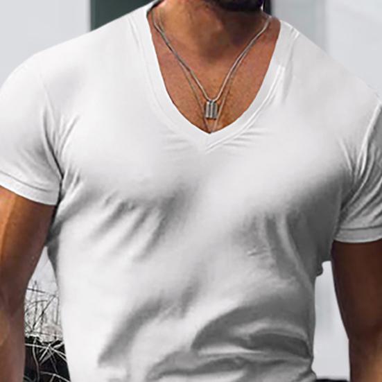 Men T-shirt V-neck Solid Color Sweat Absorption Breathable Extra Soft Dress-up Washable Summer Slim Fit Men Shirt Top for Men