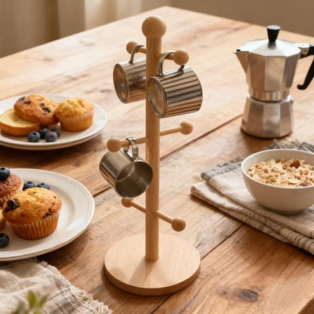 Kitchen Organizer Wooden Cup Storage Holder 6 Hooks Design Tree Shape Tea Cups Drainer Non-Slip Base Sturdy Mug Holder Kitchen
