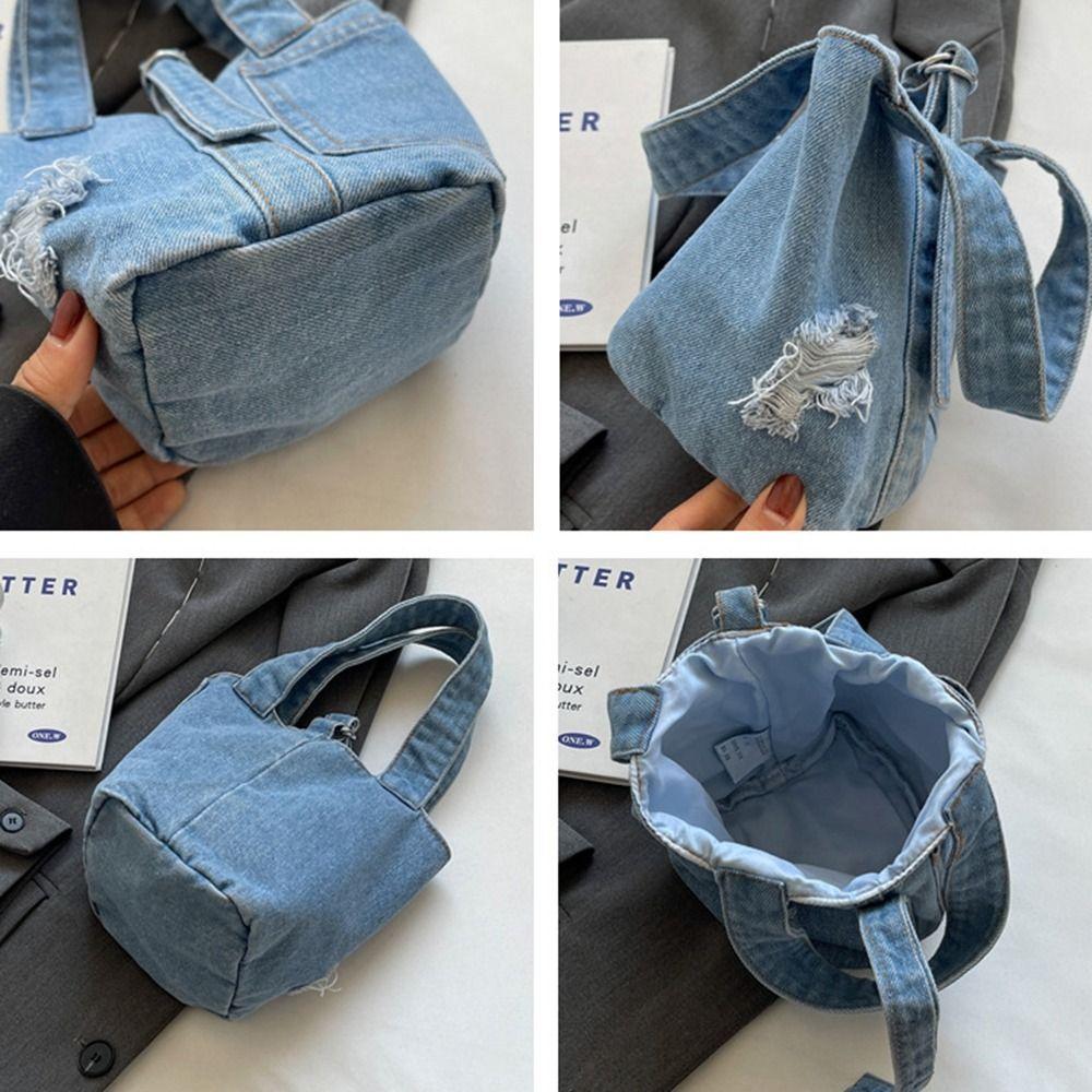 Large Capacity Tote Bag Phone Pockets Canvas Lunch Bag Personalize Denim Bucket Bag  Outdoor