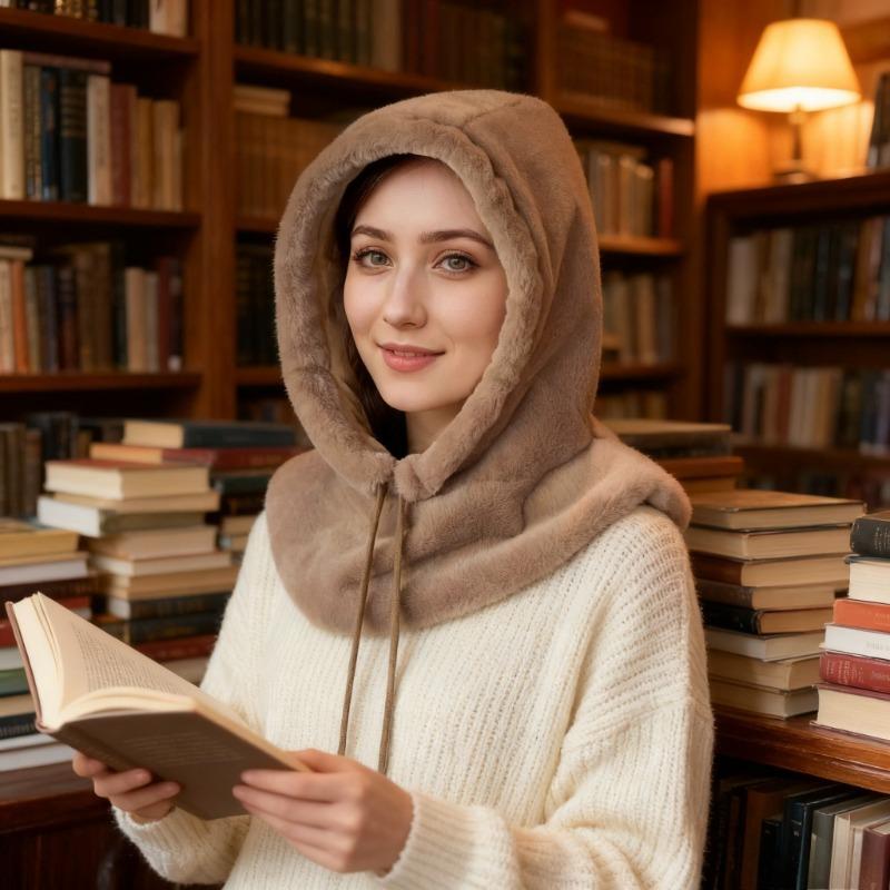 Fashion Autumn and Winter Thickened for Keep Warmth One-Piece Scarf Hat Women Ear Protection Plush Fluffy Shawl No Eaves Hat