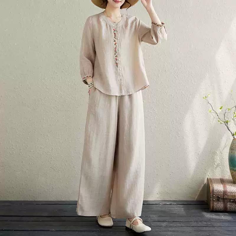 Ladies Summer Chinese Style Embroidery Casual Suit Loose Shirt + Casual Pants Two Piece Set