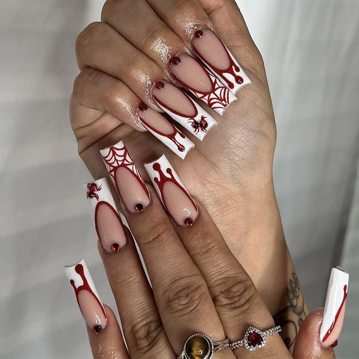 

24Pcs Halloween Press on Nails Mid-length Square Head False Nails with Red Blood Design Wearable White French Fake Nail Tips