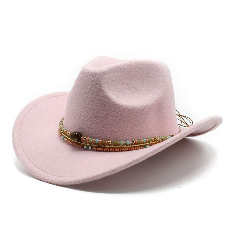 

Tibetan Woolen Top Hat With Rolled Brim Western Cowboy Hat Beaded Along Felt Hat Western Cowboy Hat M（56-58cm） рожевий червоний колір