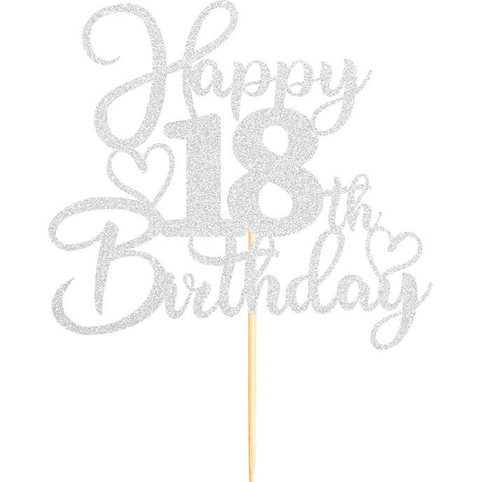 Sotpot 1PC Happy 18th Birthday Cake Topper Double-sided Silver Glitter Cake Pick Cake Decoration for 18th Birthday Anniversary Party Cake Decorations