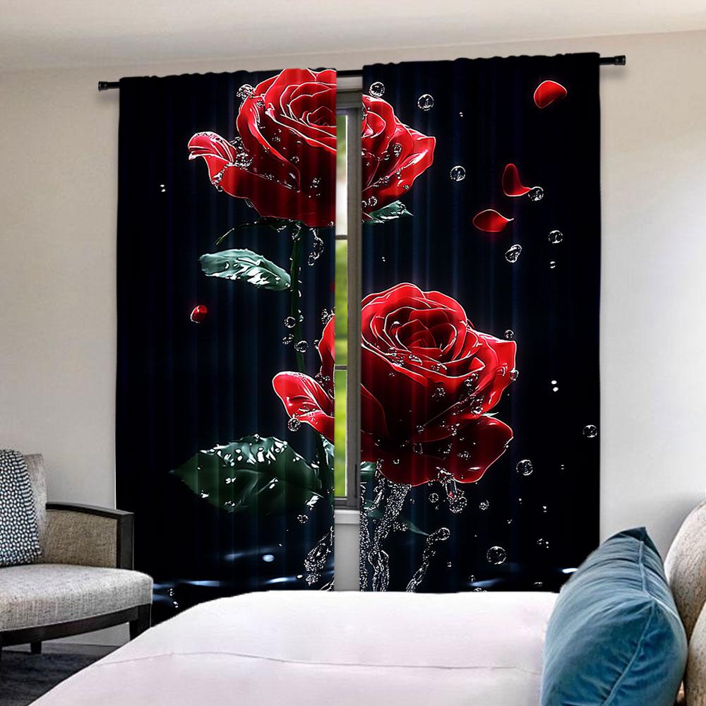 2 Stück blühende rote Rosen mit Wassertropfen bedruckter Vorhang Glam-Stil für Schlafzimmer, Büro, Küche, Wohnzimmer, Arbeitszimmer, Badezimmer
