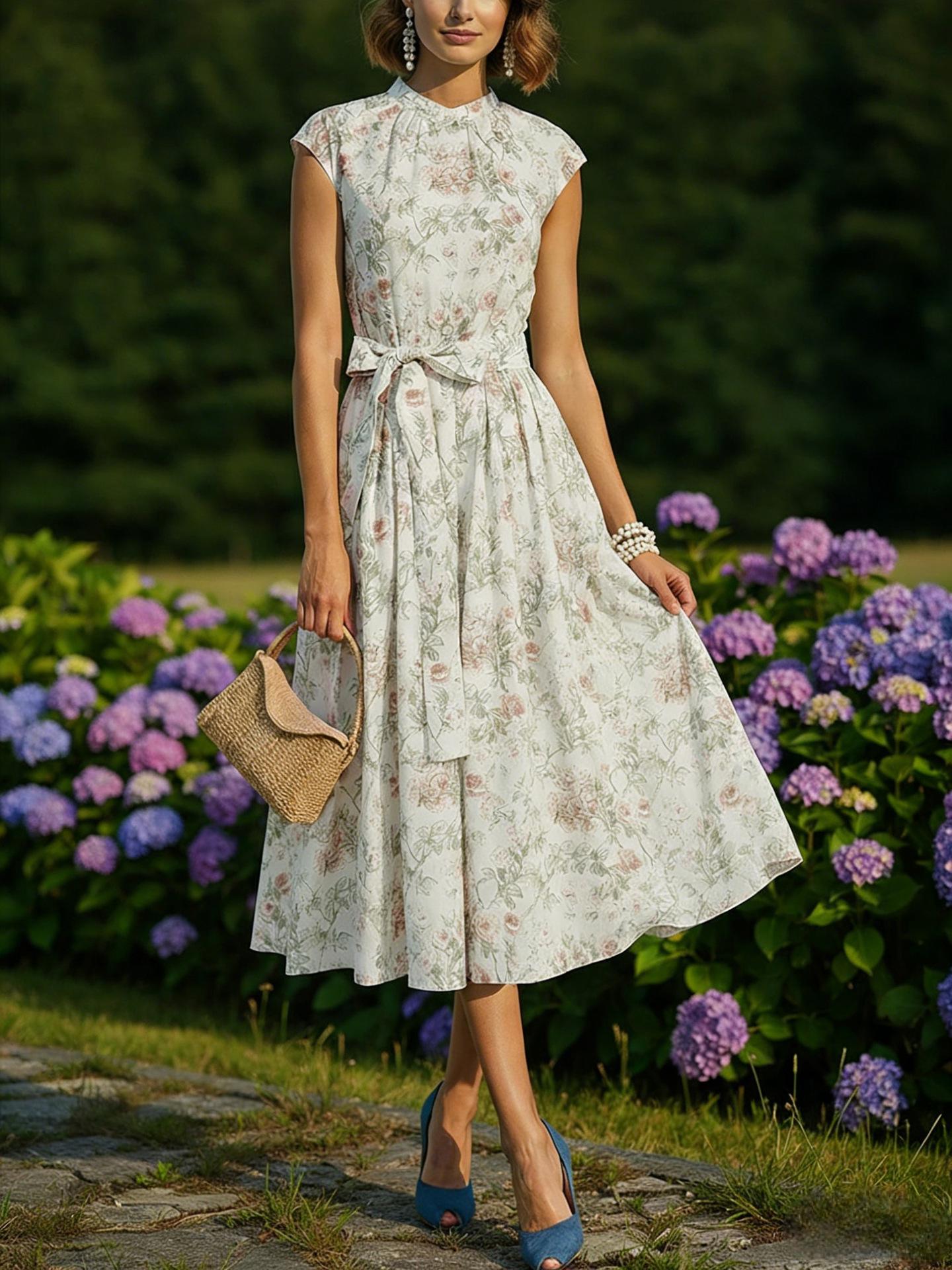 Elegant Floral Sleeveless Dress with Round Neck & Waist-Cinching Design (European & American Style 2026) XL цветочные печати