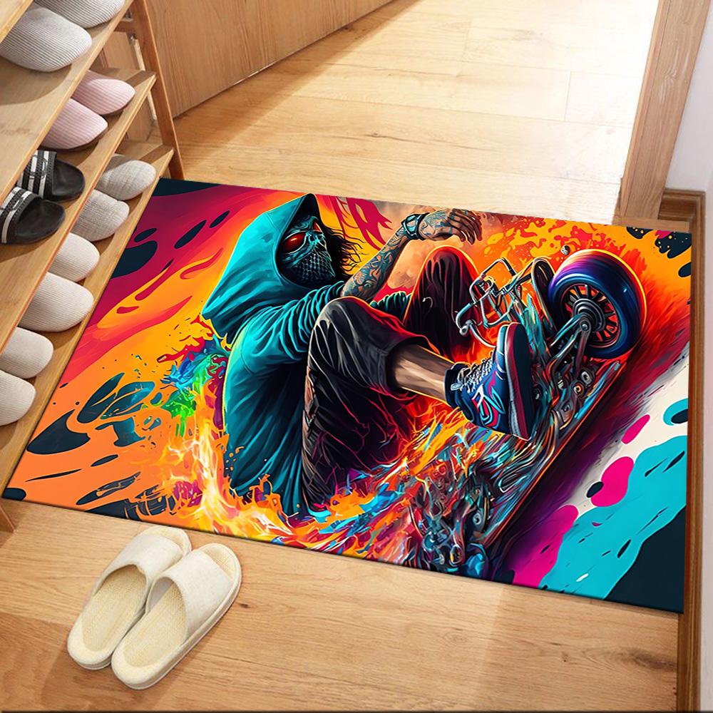 Riding Through Flames Floor Mats for Living Room, Bedroom and Room Decoration Are Suitable for Gifts.