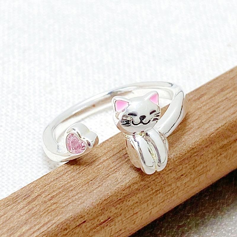[Pink Meow Ring] Kitten Cat Claw Cartoon Cute Opening Ring Pink Zircon Stacked Wearing Girlfriend Ring Woman