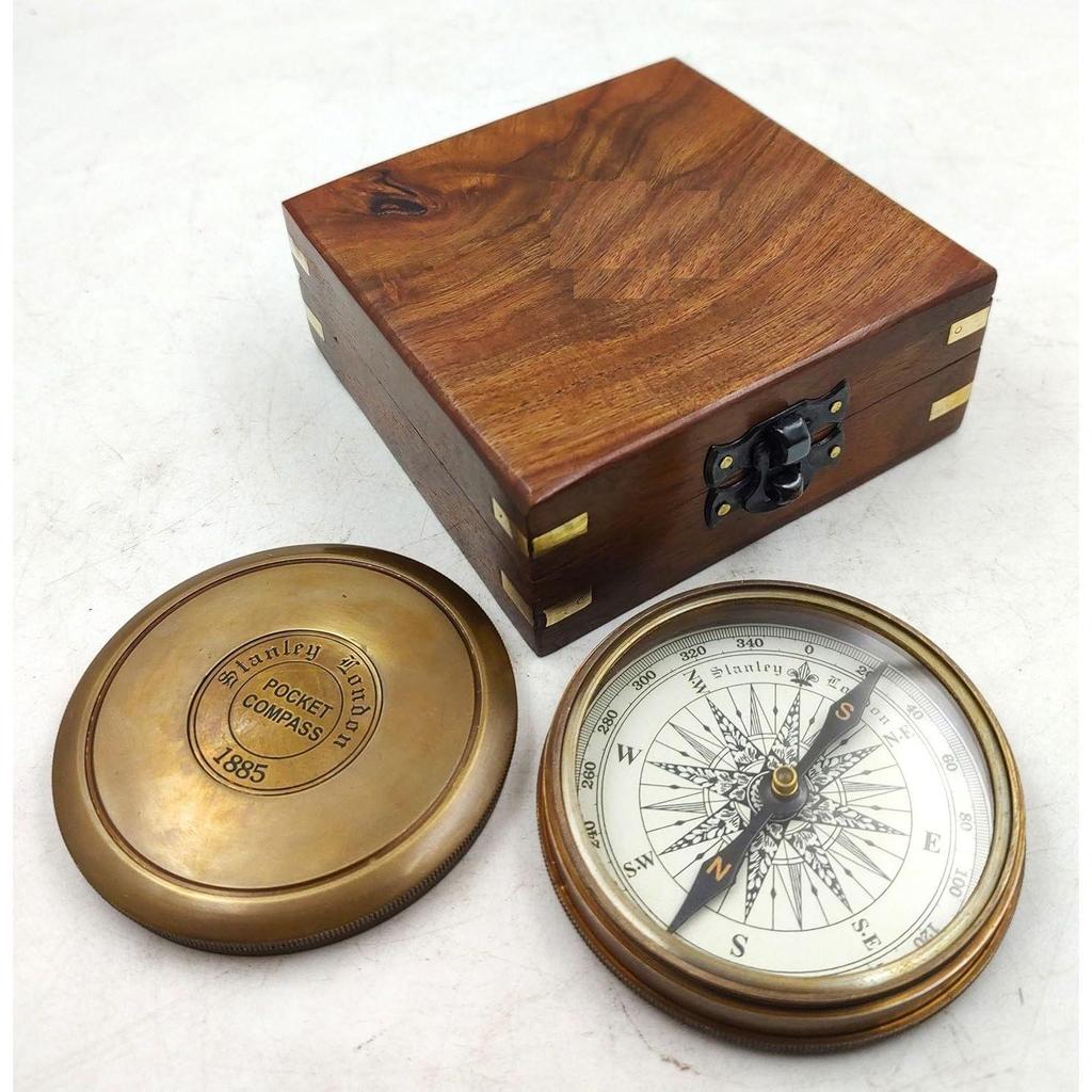 Antique Brown Finish Brass 3" Compass Maritime Stanley London 1885 Compass Gift Item. (Brown Antique Compass with Wood Box)