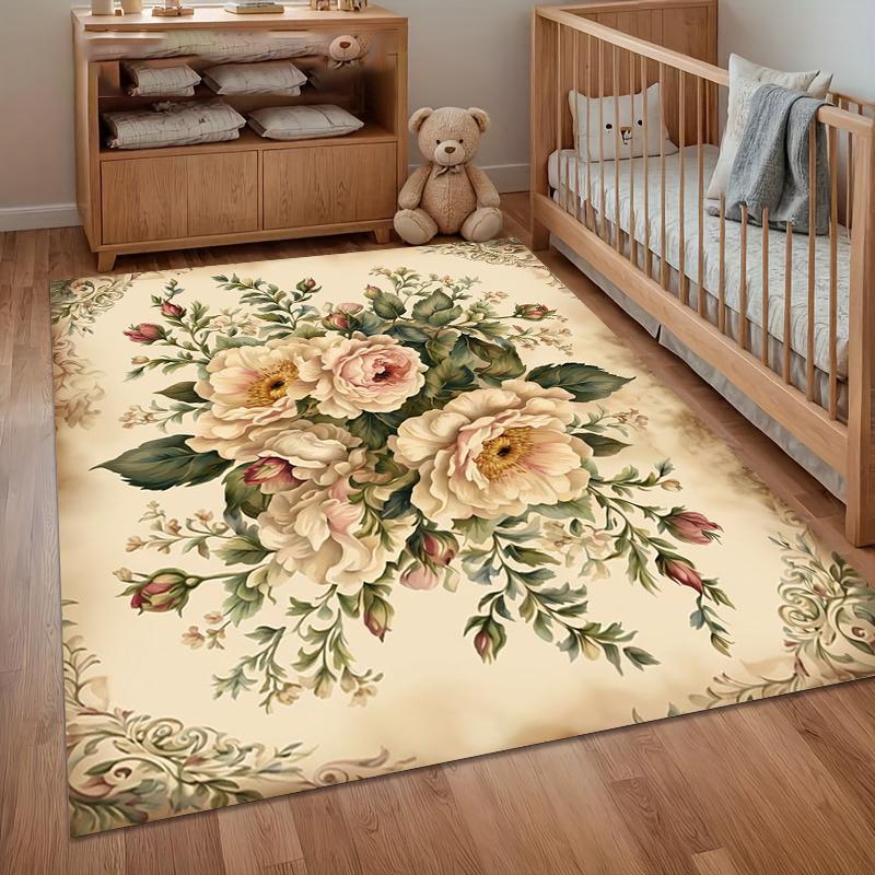 1pc Vintage Floral Area Rug Non Slip Washable Mat for Bedroom French Home Decor Aesthetic Shabby Chic Bedroom Home Decor