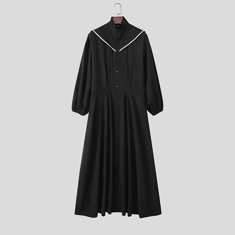 INCERUN Men Stand Neck Long Sleeve Button Up Casual Pleated Long Shirts Tops