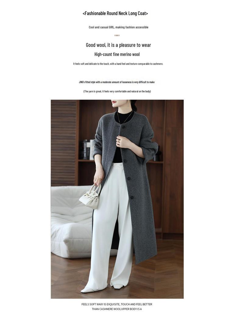 Women's Extra Long Double-Faced Wool Coat - Round Neck, Chinese Style