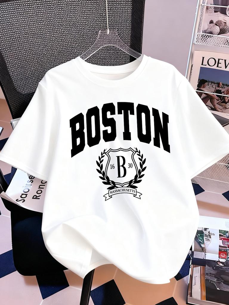 Boston 1630 Persönlichkeit Kunst Drucke Kurzarm T-Shirts Damen Baumwolle Sommer T-Shirts Weich Locker Rundhals Oberteile Basic Kleidung