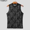INCERUN Summer Men Sleeveless Lace See Through Mesh Sheer Party Tank Tops