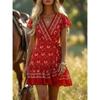 Mini Abito da Donna Boho con Stampa Floreale, Scollo a V, Incrociato, Maniche Corte, Orlo Arricciato