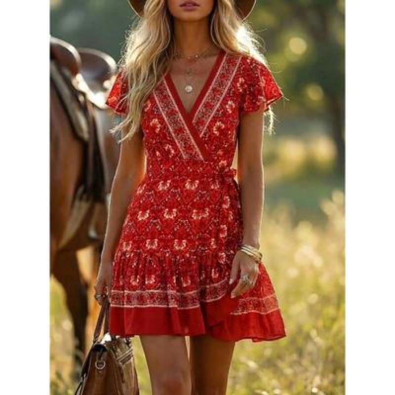 Mini Abito da Donna Boho con Stampa Floreale, Scollo a V, Incrociato, Maniche Corte, Orlo Arricciato