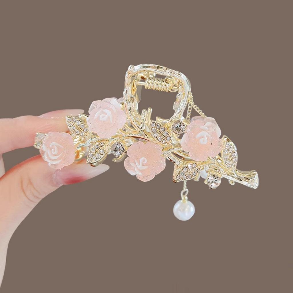 1 st Mode Utsökt Strass Rosa Rosblomma Pärltofs Hårklor För Kvinnor Flickor Fest Håraccessoarer