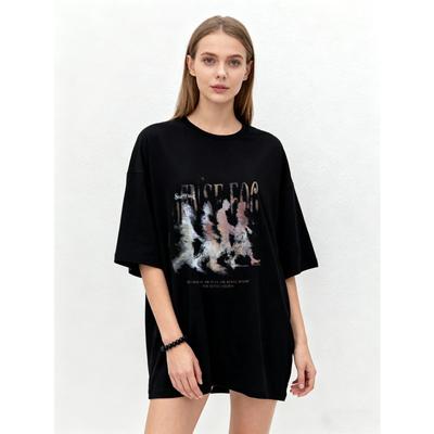 Oversized T-shirt Zwart Rise Fog Grafische Print Met Abstracte Figuren En Tekst Casual Streetwear Voor Dames