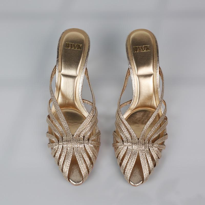 Fashion Women Shoes 2025 New Gold Hollow High Heels Luxury Pointed Toe Heeled Pumps for Women Office Mules Summer Stiletto Shoes Sandals