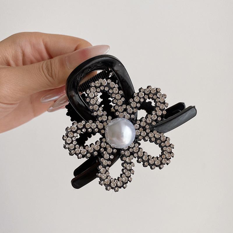 

2024 Жемчужная заколка-краб с цветком из страз для женщин - Средний размер, аксессуар для прически полупучок