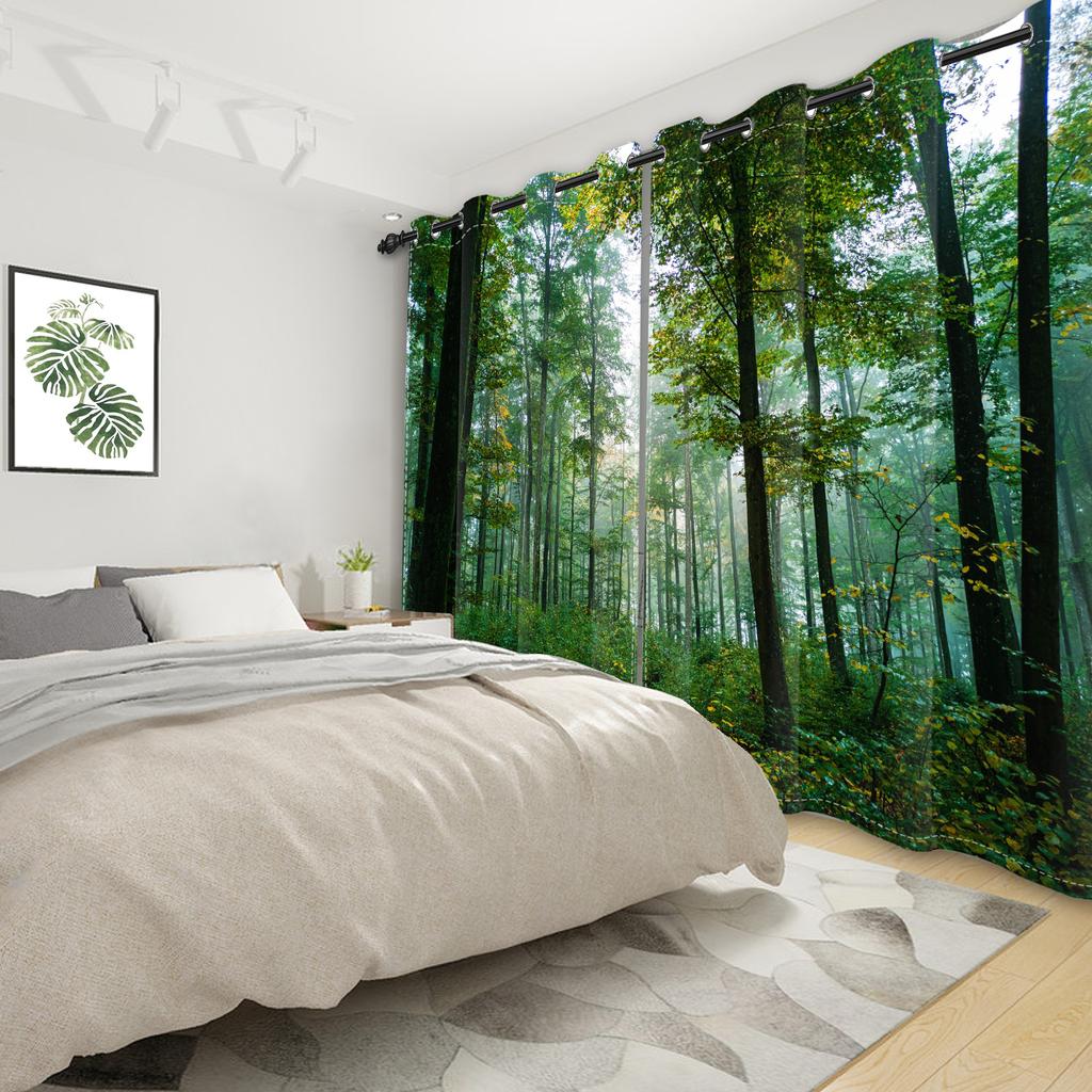 2pcs/set Blackout Curtains Sunny Forest Natural Green Space Landscape Polyester Window Bedroom Kitchen Home Interior Curtains