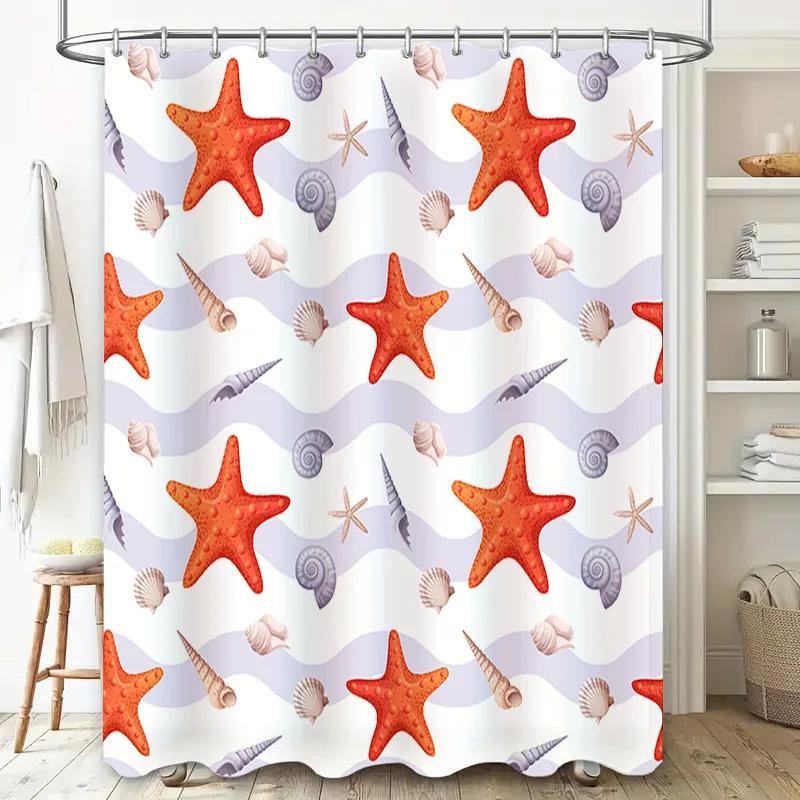 Seashell Starfish Bath Shower Curtain Nautical Decor for Bathroom 3D Printed Fabric Waterproof Curtains in Multiple Colors