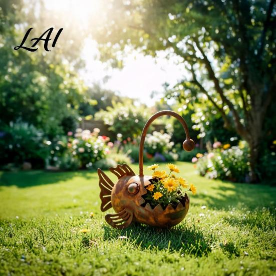 Flowerpot Rustic Iron Planter Fish Shaped Design Decorative Metal Flower Pot for Planter Succulents Cactus Plants Rustproof Garden Patio