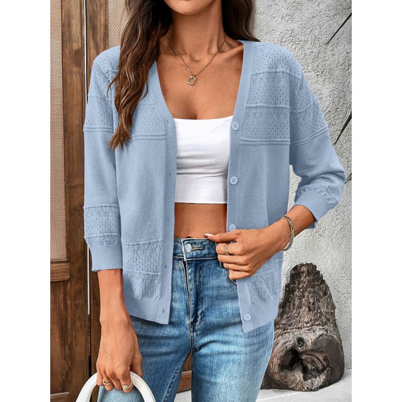 Cardigan da donna estate 2025, scialle sottile, manica a tre quarti, lavorazione a maglia traforata, scollo a V